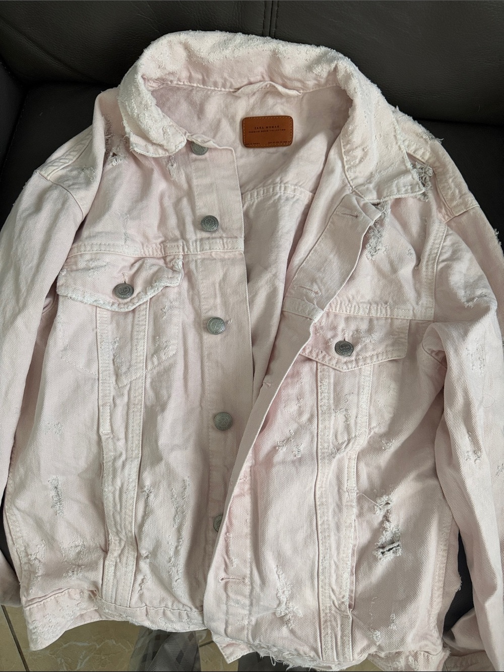 Zara Light Pink Distressed Sherpa Collar Denim Jacket